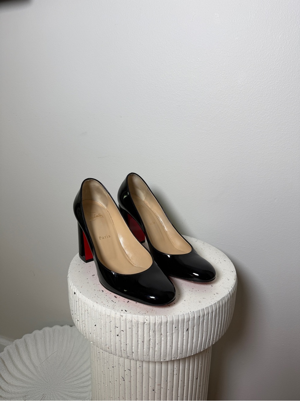 Christian Louboutin Black Patent Round Toe Block Heel Pumps with Red Sole - Picture 7 of 9